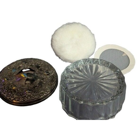 Godinger Vanity Powder Box Silver plated w/Mirror & Puff Heavy Glass Unused NWOT - Picture 2 of 6